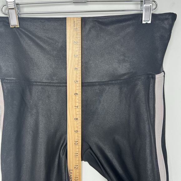 Spanx Black White Faux Leather Side Stripe Tummy Control Leggings SZ L - Picture 5 of 9
